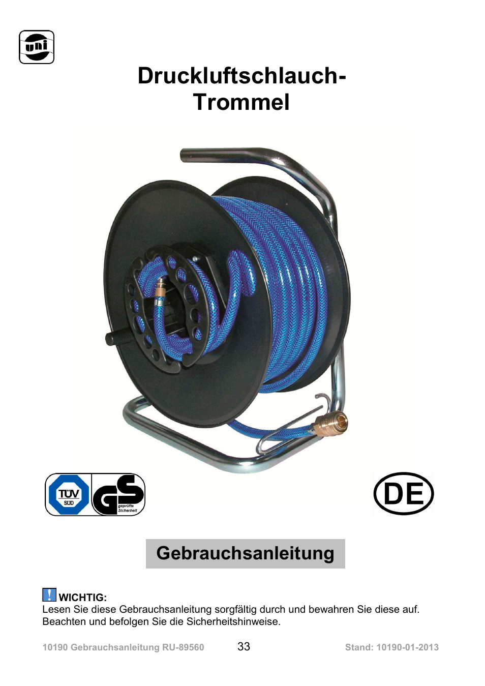 Druckluftschlauch- trommel, Gebrauchsanleitung | Powerfix Air Compressor Hose Reel User Manual | Page 33 / 46