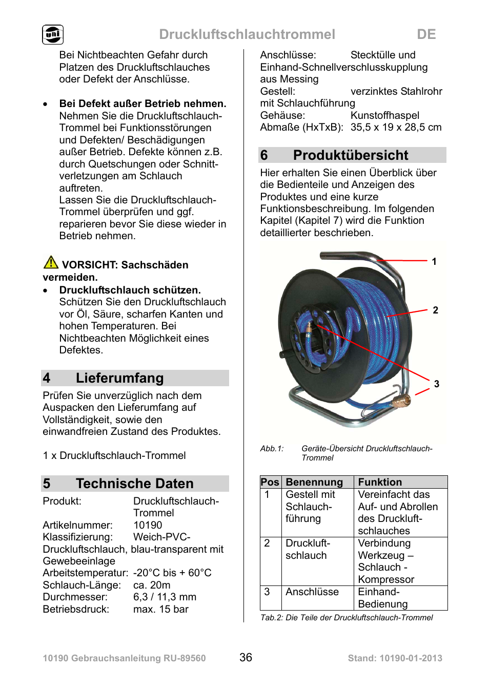 Druckluftschlauchtrommel de, 4 lieferumfang, 5 technische daten | 6 produktübersicht | Powerfix Air Compressor Hose Reel User Manual | Page 36 / 46