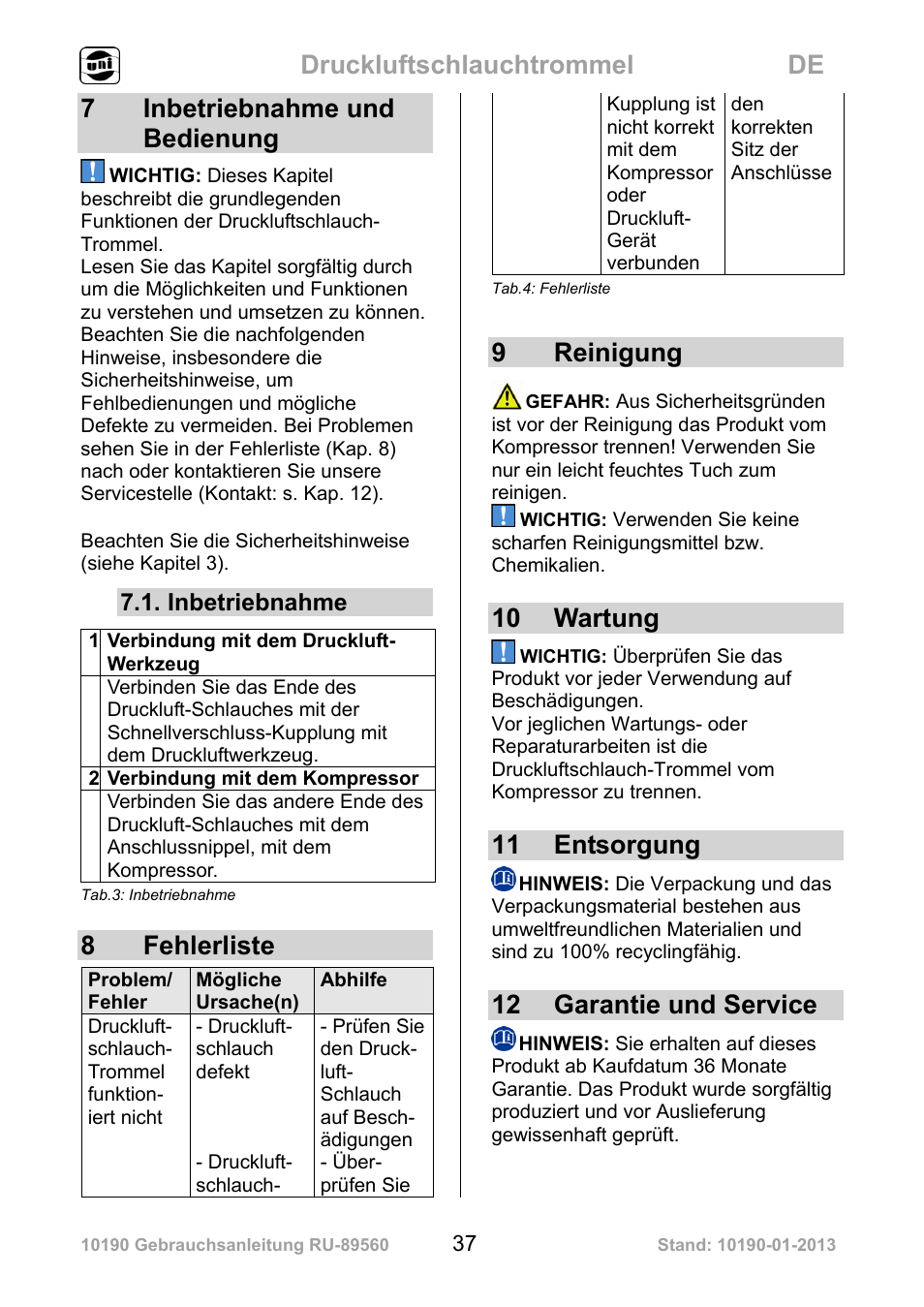 Druckluftschlauchtrommel de, 7 inbetriebnahme und bedienung, 8 fehlerliste | 9 reinigung, 10 wartung, 11 entsorgung, 12 garantie und service, Inbetriebnahme | Powerfix Air Compressor Hose Reel User Manual | Page 37 / 46