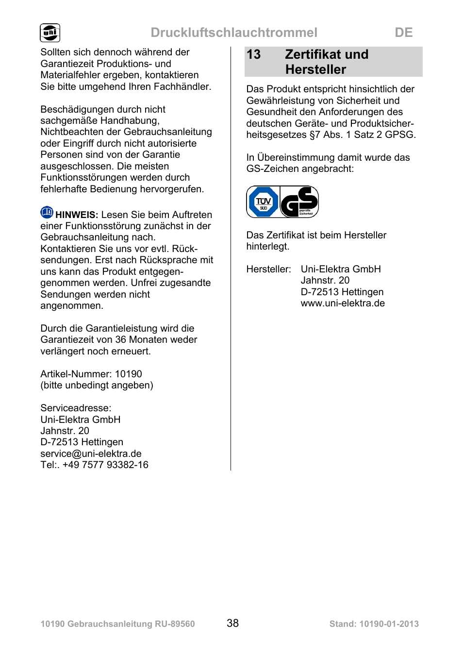 Druckluftschlauchtrommel de, 13 zertifikat und hersteller | Powerfix Air Compressor Hose Reel User Manual | Page 38 / 46