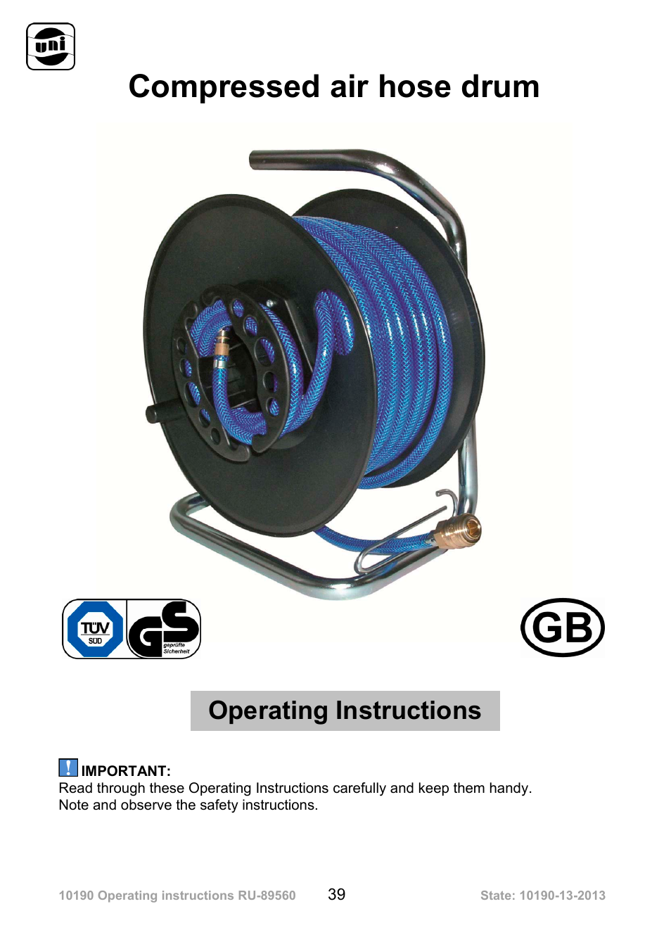 Compressed air hose drum, Operating instructions | Powerfix Air Compressor Hose Reel User Manual | Page 39 / 46