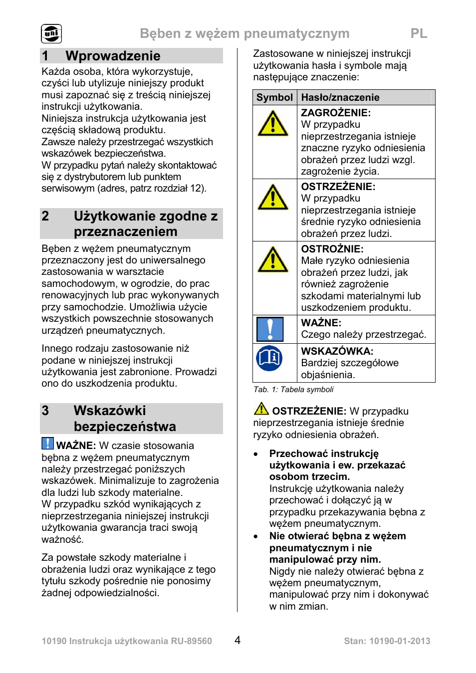 Bęben z wężem pneumatycznym pl, 1 wprowadzenie, 2 użytkowanie zgodne z przeznaczeniem | 3 wskazówki bezpieczeństwa | Powerfix Air Compressor Hose Reel User Manual | Page 4 / 46