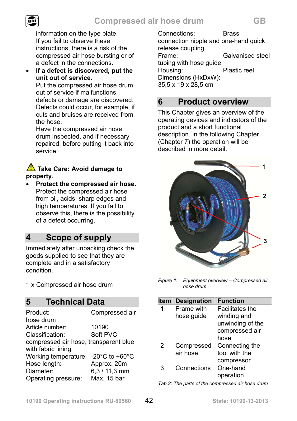 Compressed air hose drum gb, 4scope of supply, 5 technical data | 6 product overview | Powerfix Air Compressor Hose Reel User Manual | Page 42 / 46