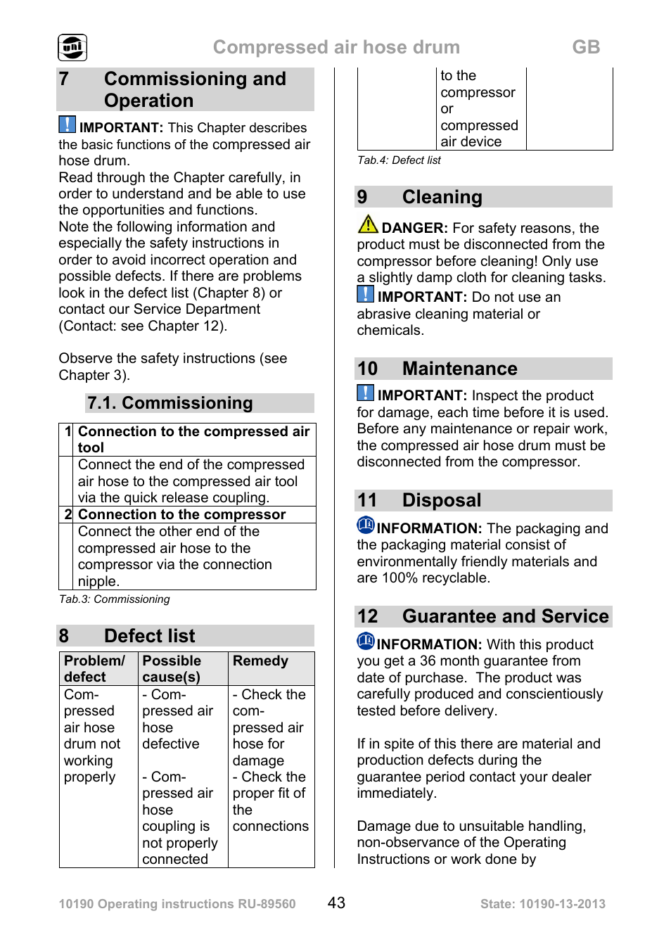 Compressed air hose drum gb, 7 commissioning and operation, 8 defect list | 9 cleaning, 10 maintenance, 11 disposal, 12 guarantee and service | Powerfix Air Compressor Hose Reel User Manual | Page 43 / 46