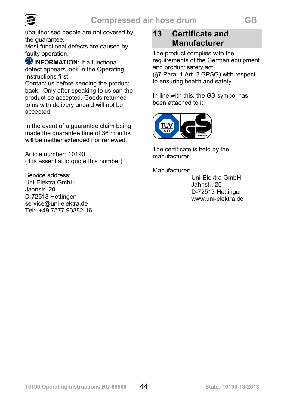 Compressed air hose drum gb, 13 certificate and manufacturer | Powerfix Air Compressor Hose Reel User Manual | Page 44 / 46