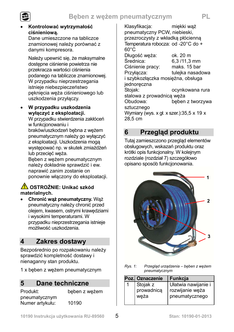 Bęben z wężem pneumatycznym pl, 4 zakres dostawy, 5 dane techniczne | 6 przegląd produktu | Powerfix Air Compressor Hose Reel User Manual | Page 5 / 46