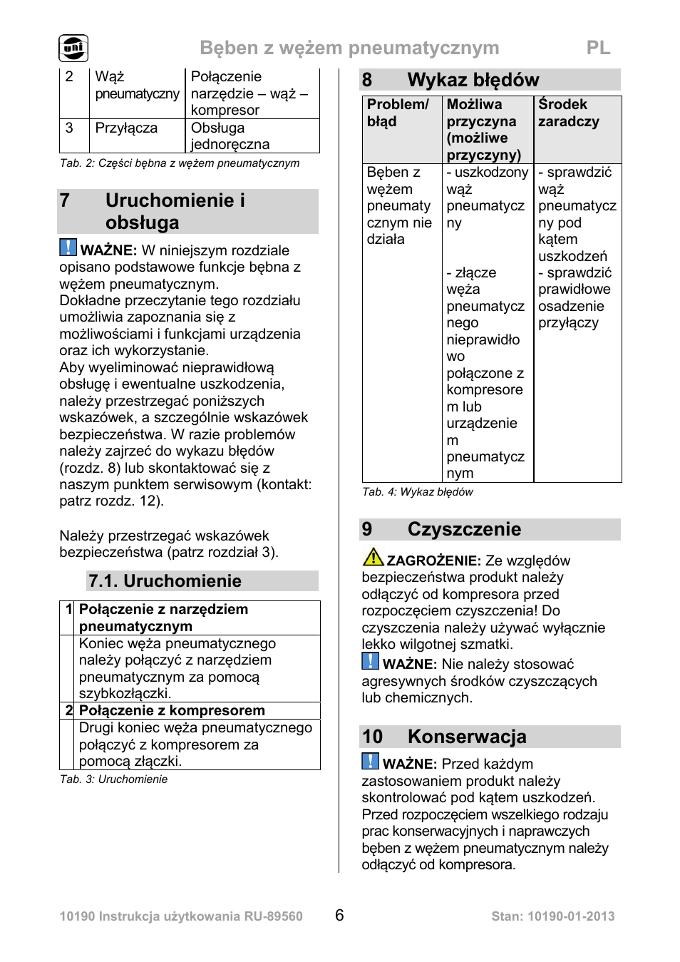 Bęben z wężem pneumatycznym pl, 7 uruchomienie i obsługa, 8 wykaz błędów | 9 czyszczenie, 10 konserwacja | Powerfix Air Compressor Hose Reel User Manual | Page 6 / 46