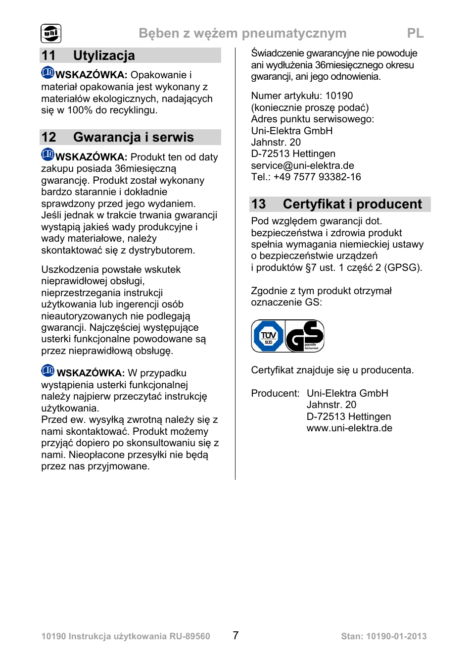 Bęben z wężem pneumatycznym pl, 11 utylizacja, 12 gwarancja i serwis | 13 certyfikat i producent | Powerfix Air Compressor Hose Reel User Manual | Page 7 / 46