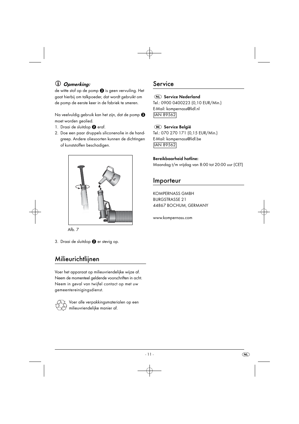 Milieurichtlijnen, Service, Importeur | Opmerking | Powerfix PPR 4 B2 User Manual | Page 14 / 27