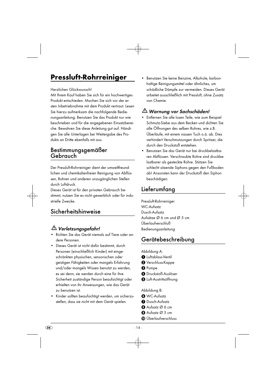 Pressluft-rohrreiniger, Bestimmungsgemäßer gebrauch, Sicherheitshinweise | Lieferumfang, Gerätebeschreibung, Verletzungsgefahr, Warnung vor sachschäden | Powerfix PPR 4 B2 User Manual | Page 17 / 27