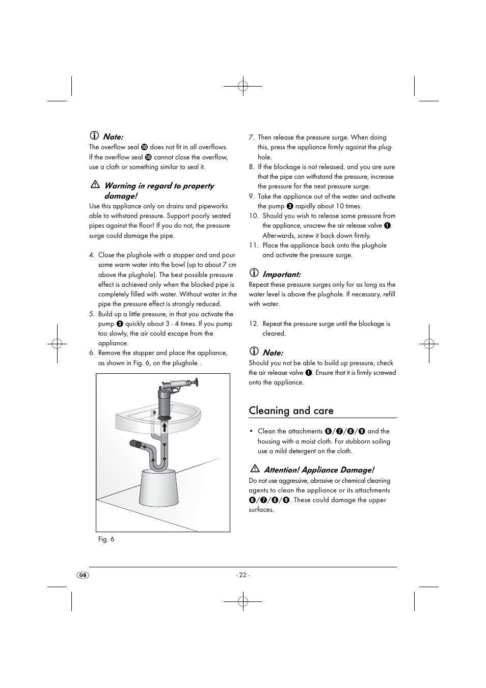 Cleaning and care, Warning in regard to property damage, Important | Attention! appliance damage | Powerfix PPR 4 B2 User Manual | Page 25 / 27