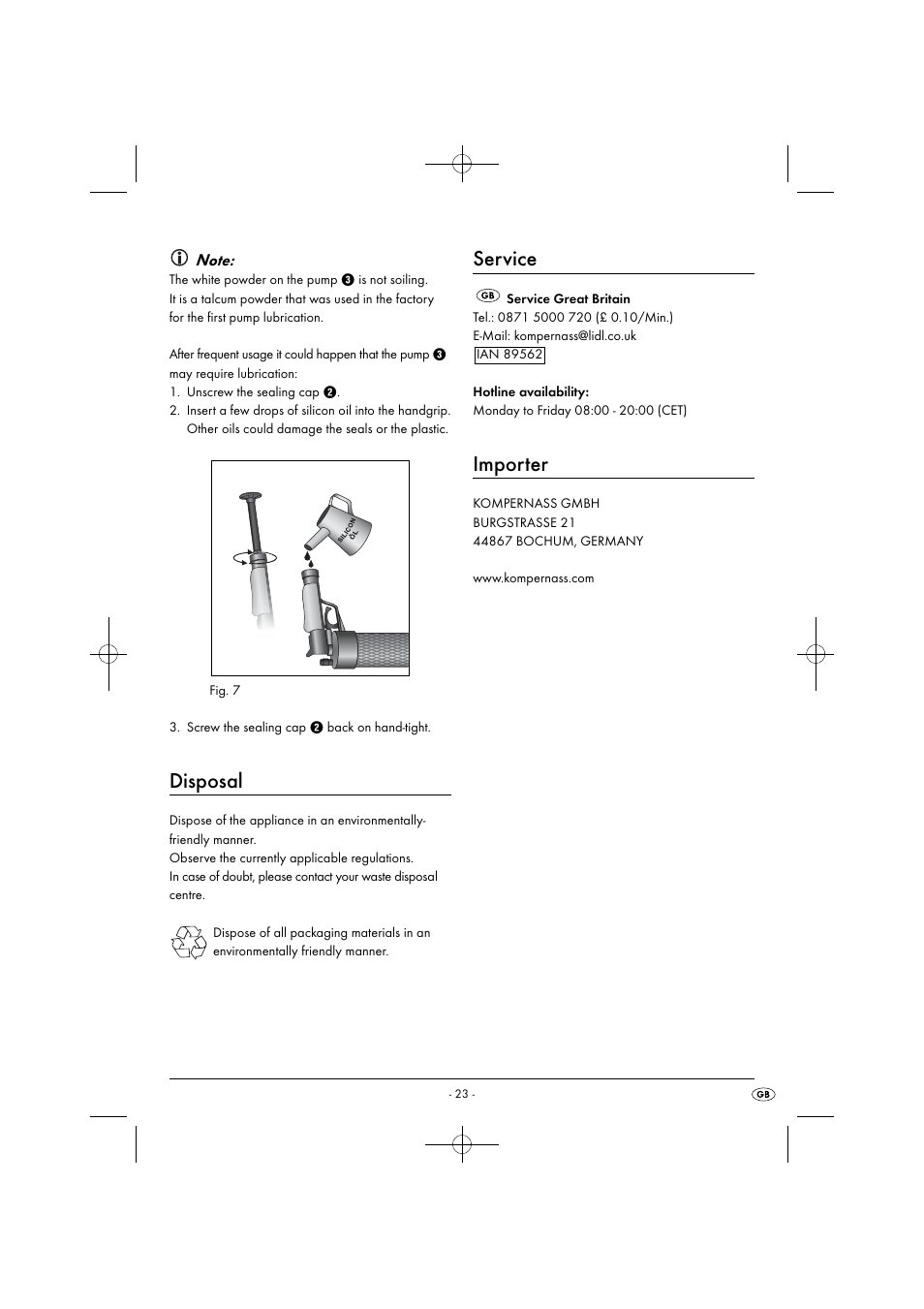 Disposal, Service, Importer | Powerfix PPR 4 B2 User Manual | Page 26 / 27