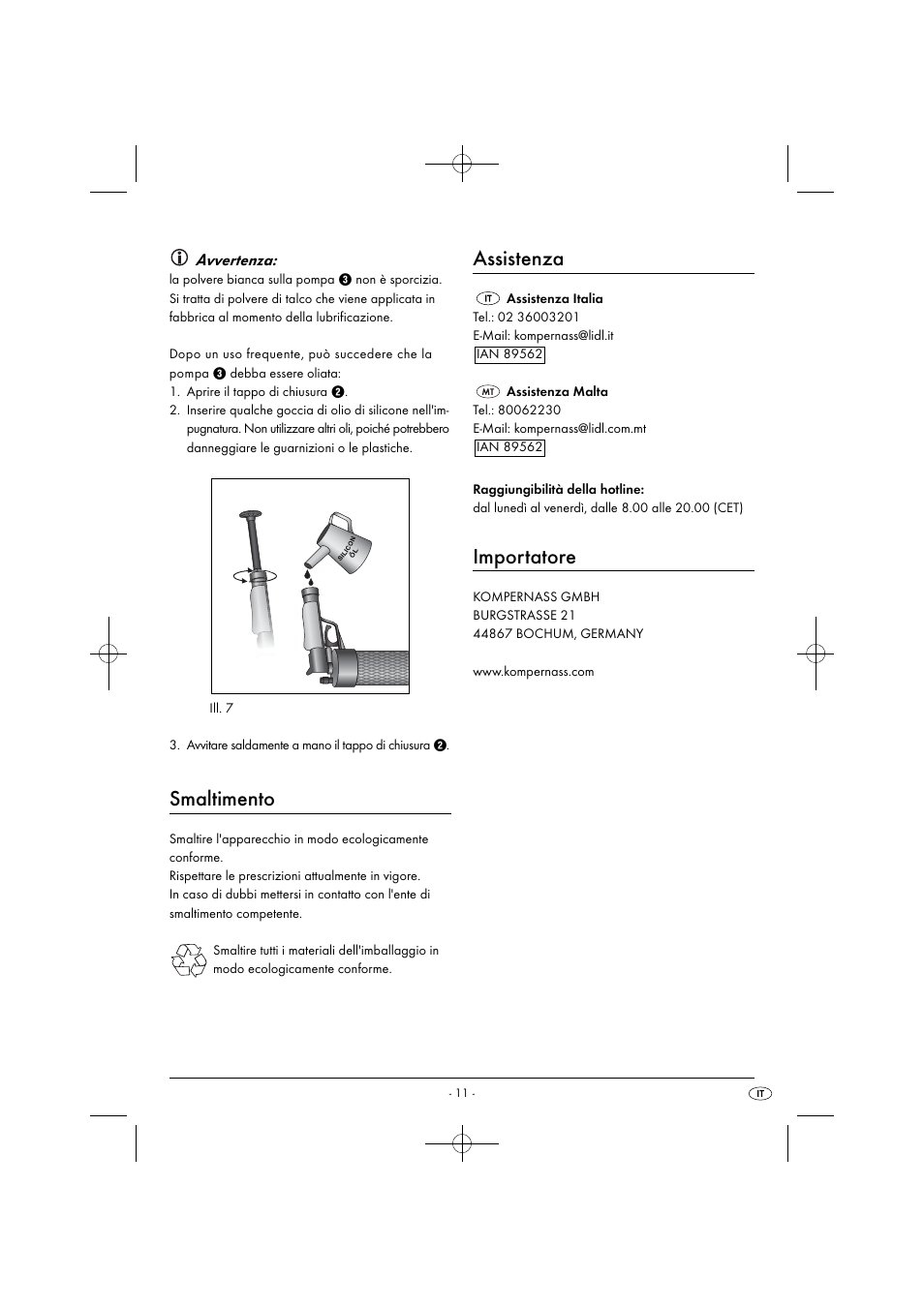 Smaltimento, Assistenza, Importatore | Avvertenza | Powerfix PPR 4 B2 User Manual | Page 14 / 27