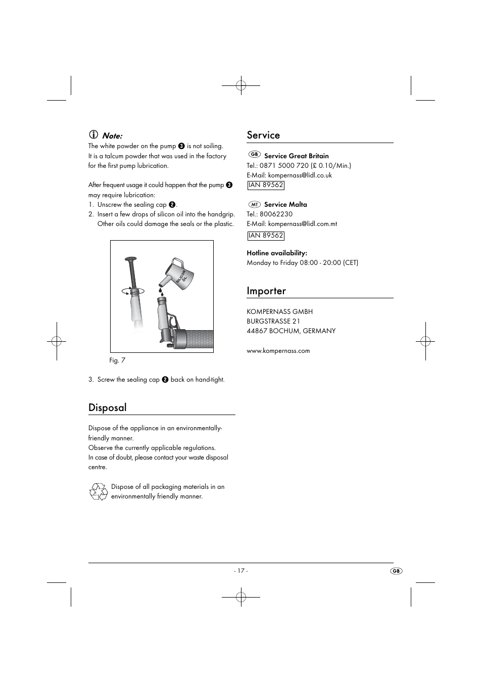 Disposal, Service, Importer | Powerfix PPR 4 B2 User Manual | Page 20 / 27