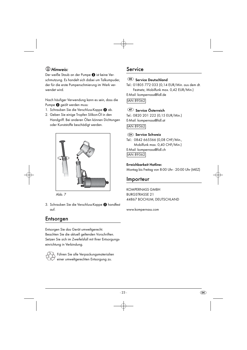 Entsorgen, Service, Importeur | Hinweis | Powerfix PPR 4 B2 User Manual | Page 26 / 27