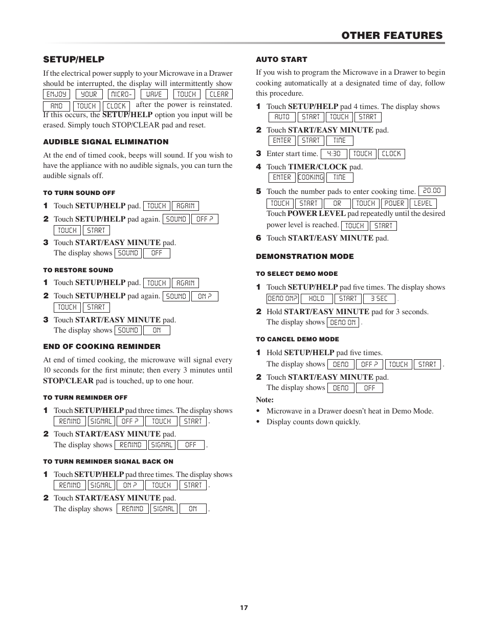 Other features | Dacor PMD30 User Manual | Page 17 / 24