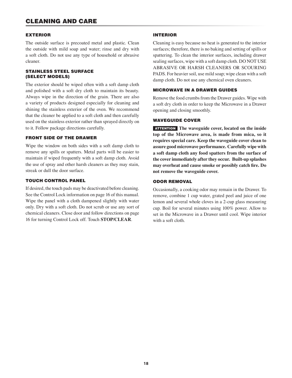 Cleaning and care | Dacor PMD30 User Manual | Page 18 / 24