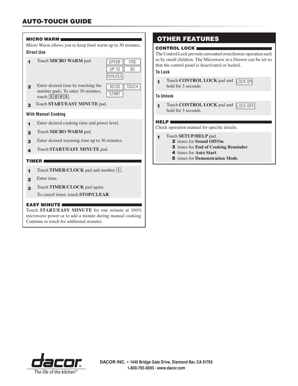 Auto-touch guide, Other features | Dacor PMD30 User Manual | Page 24 / 24