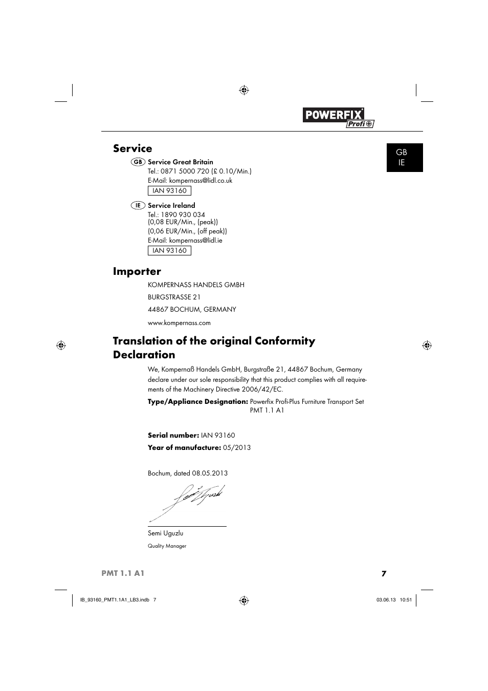 Service, Importer, Translation of the original conformity declaration | Gb ie | Powerfix PMT 1.1 A1 User Manual | Page 10 / 60