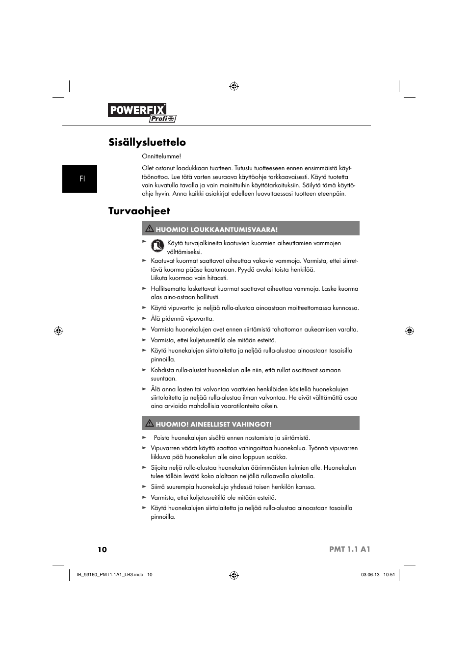 Sisällysluettelo, Turvaohjeet | Powerfix PMT 1.1 A1 User Manual | Page 13 / 60