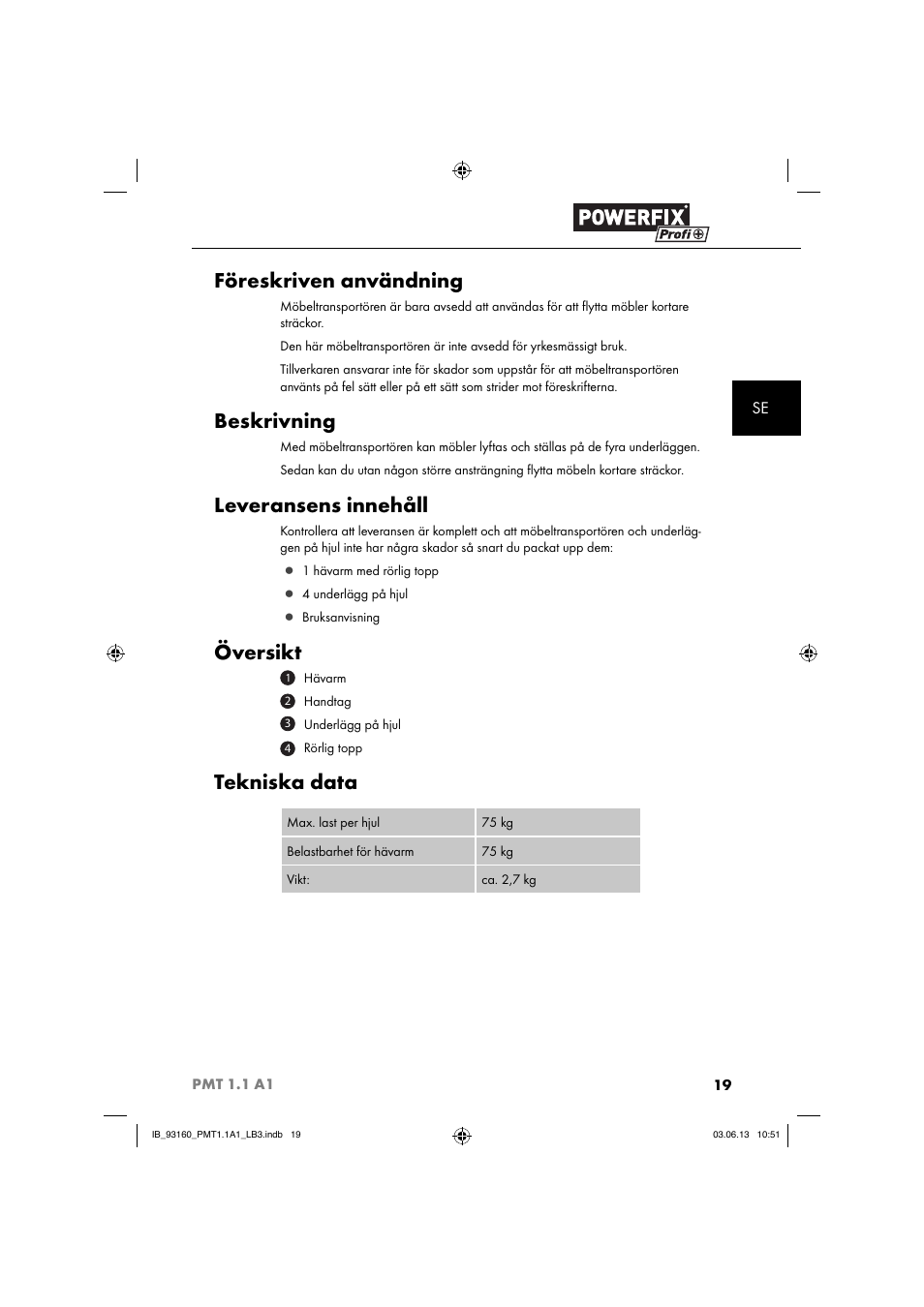 Föreskriven användning, Beskrivning, Leveransens innehåll | Översikt, Tekniska data | Powerfix PMT 1.1 A1 User Manual | Page 22 / 60