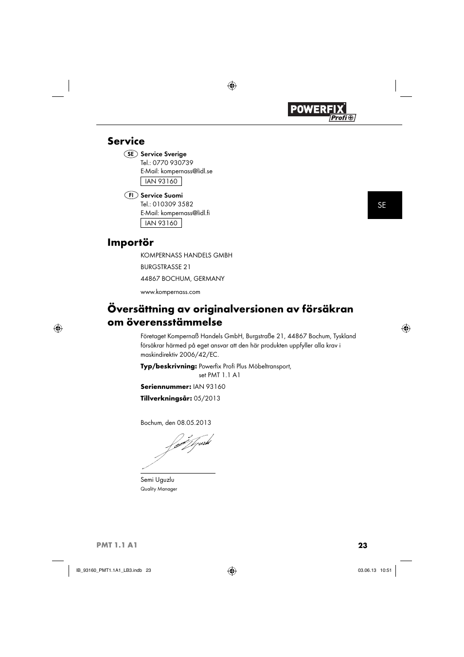 Service, Importör | Powerfix PMT 1.1 A1 User Manual | Page 26 / 60