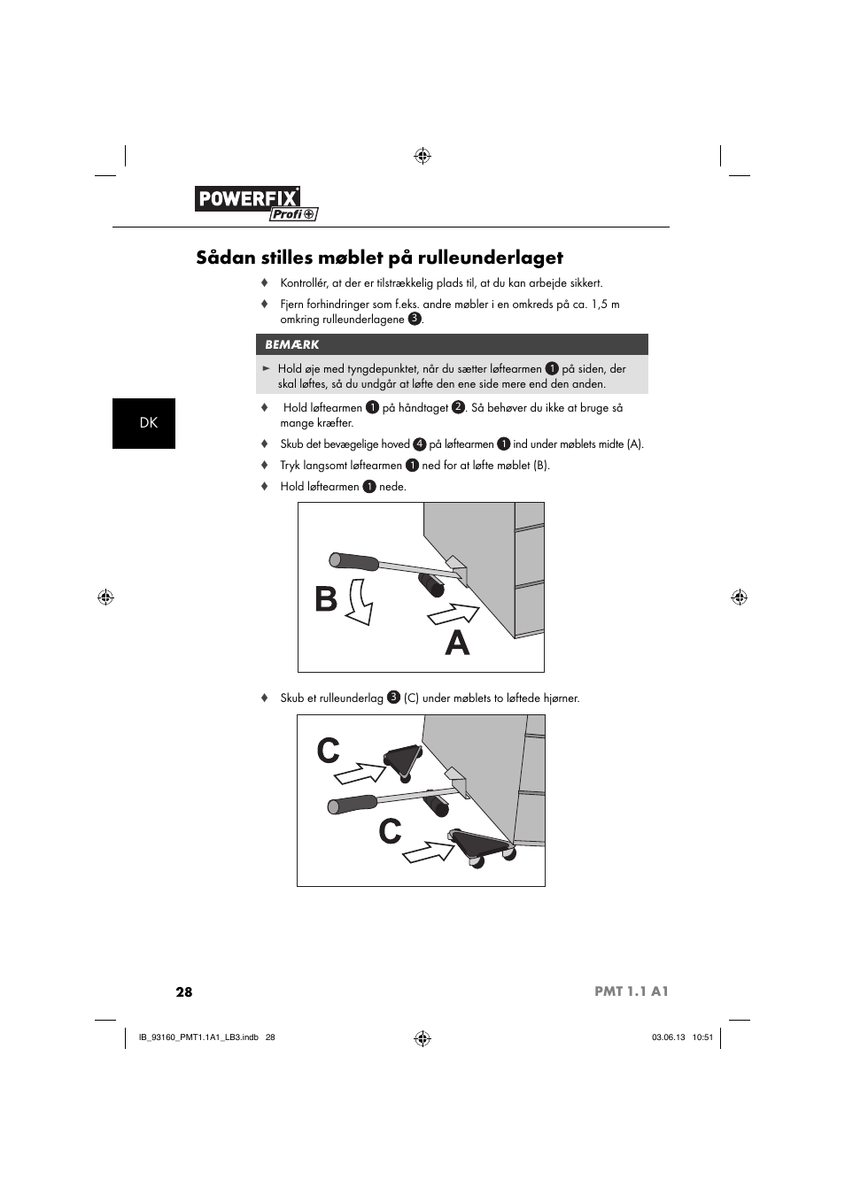 Sådan stilles møblet på rulleunderlaget | Powerfix PMT 1.1 A1 User Manual | Page 31 / 60
