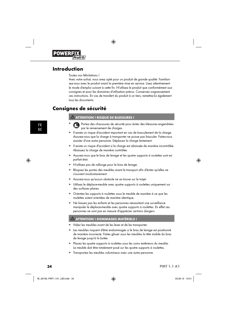 Introduction, Consignes de sécurité, Fr be | Powerfix PMT 1.1 A1 User Manual | Page 37 / 60