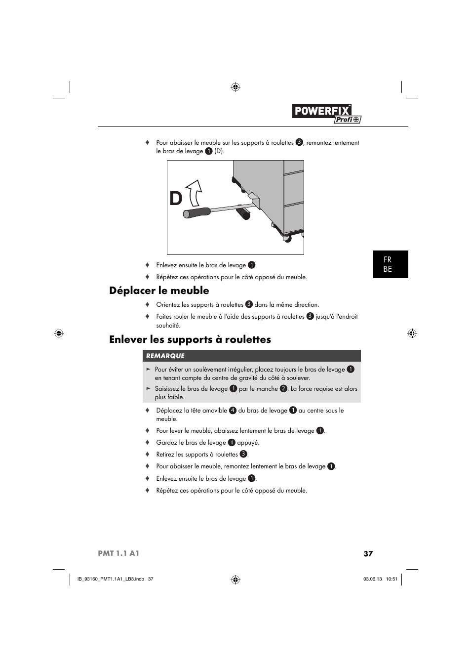 Déplacer le meuble, Enlever les supports à roulettes, Fr be | Powerfix PMT 1.1 A1 User Manual | Page 40 / 60