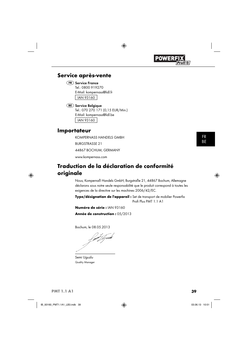 Service après-vente, Importateur, Fr be | Powerfix PMT 1.1 A1 User Manual | Page 42 / 60