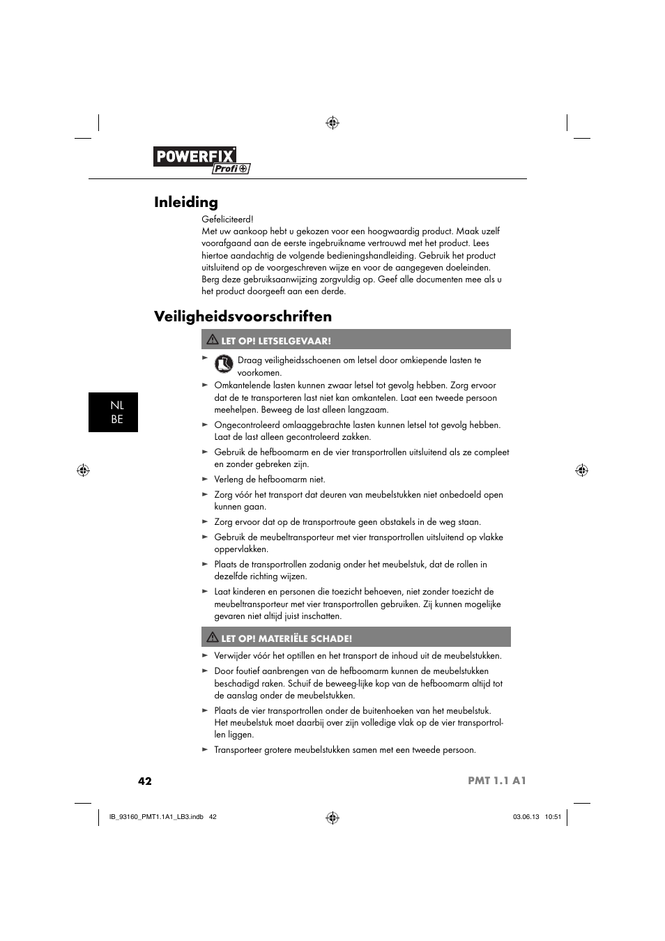 Inleiding, Veiligheidsvoorschriften, Nl be | Powerfix PMT 1.1 A1 User Manual | Page 45 / 60