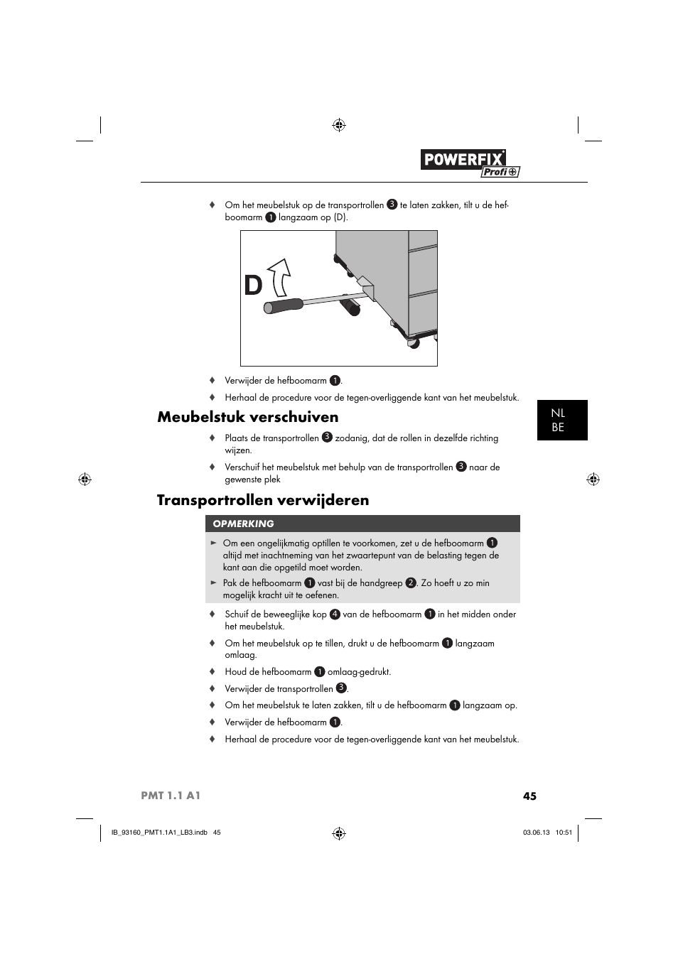 Meubelstuk verschuiven, Transportrollen verwijderen, Nl be | Powerfix PMT 1.1 A1 User Manual | Page 48 / 60