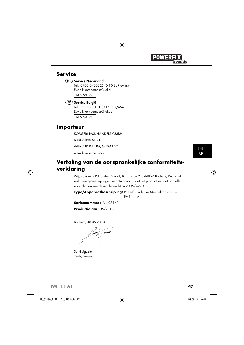 Service, Importeur, Nl be | Powerfix PMT 1.1 A1 User Manual | Page 50 / 60