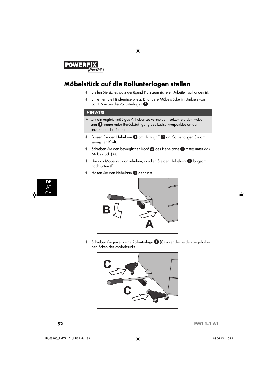 Möbelstück auf die rollunterlagen stellen | Powerfix PMT 1.1 A1 User Manual | Page 55 / 60