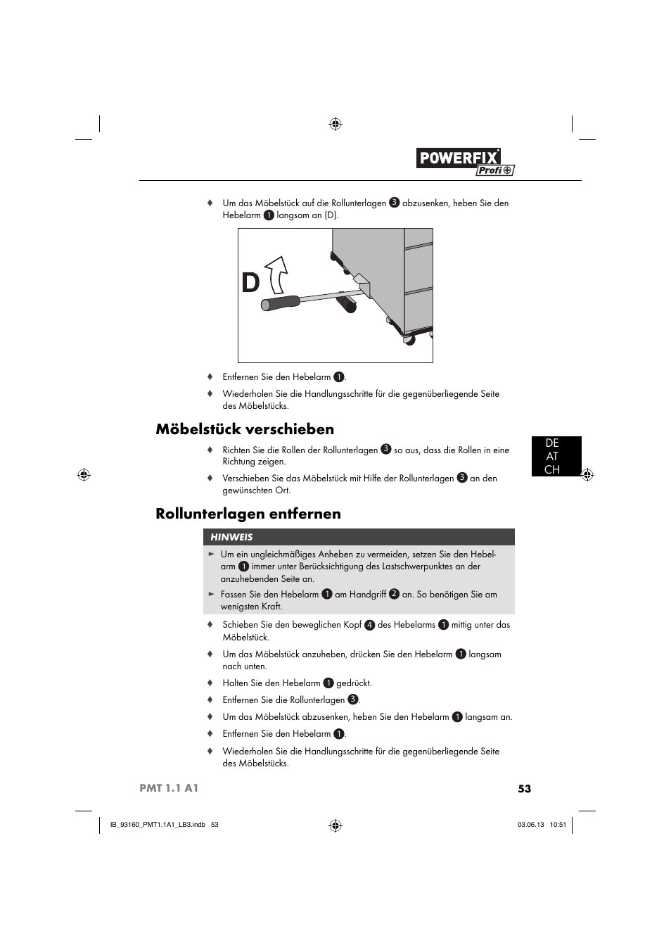 Möbelstück verschieben, Rollunterlagen entfernen, De at ch | Powerfix PMT 1.1 A1 User Manual | Page 56 / 60
