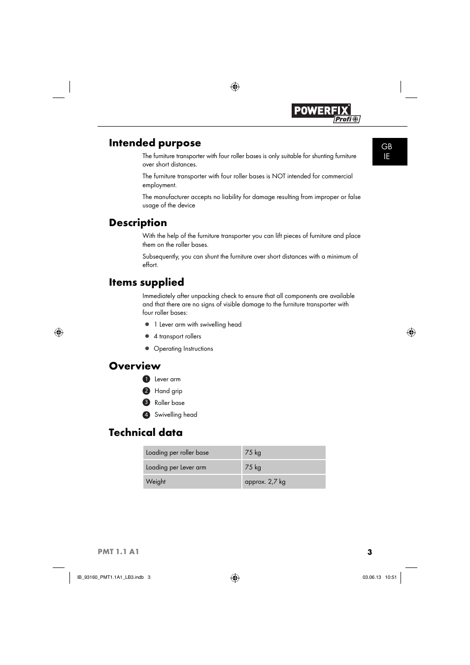 Intended purpose, Description, Items supplied | Overview, Technical data, Gb ie | Powerfix PMT 1.1 A1 User Manual | Page 6 / 60