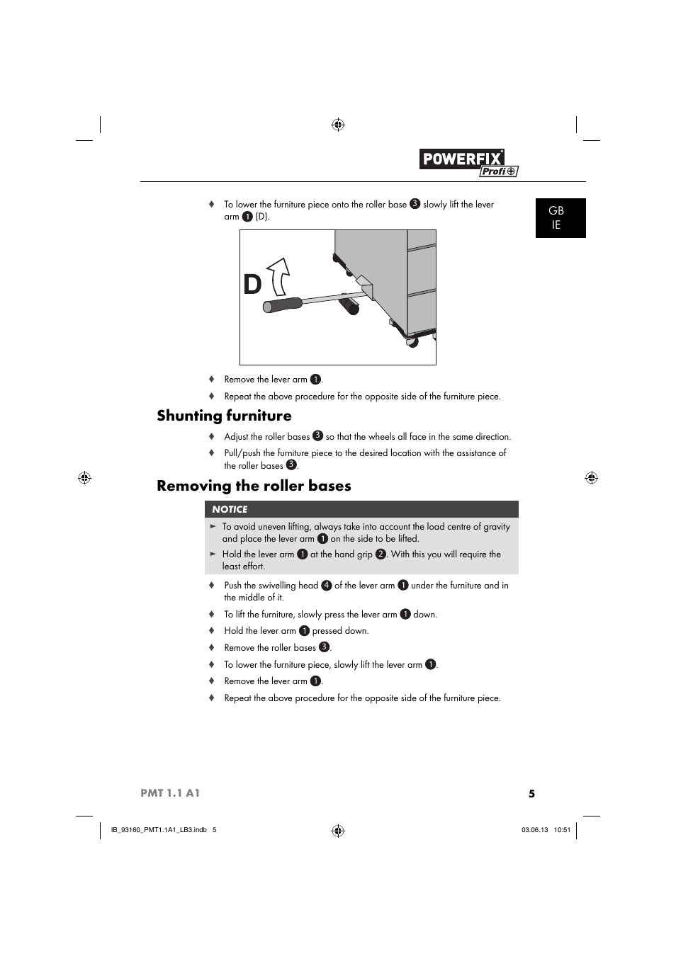 Shunting furniture, Removing the roller bases, Gb ie | Powerfix PMT 1.1 A1 User Manual | Page 8 / 60
