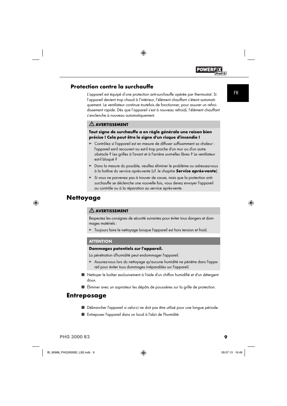 Nettoyage, Entreposage, Protection contre la surchauﬀ e | Powerfix PHG 2500 B2 User Manual | Page 12 / 40