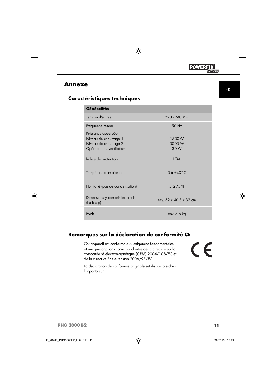 Annexe, Caractéristiques techniques, Remarques sur la déclaration de conformité ce | Powerfix PHG 2500 B2 User Manual | Page 14 / 40