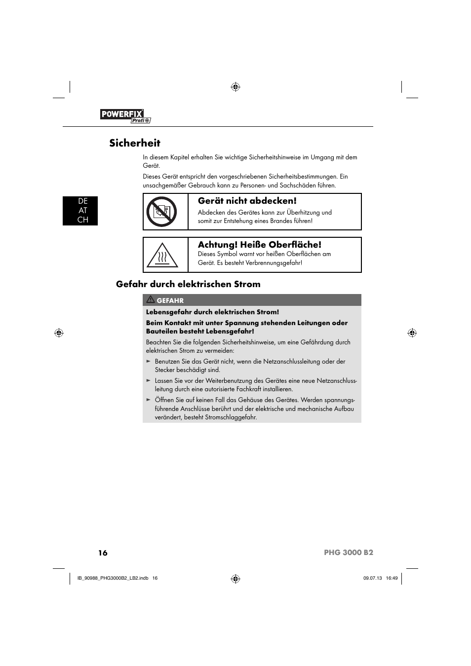 Sicherheit, Gerät nicht abdecken, Achtung! heiße oberﬂ äche | Gefahr durch elektrischen strom, De at ch | Powerfix PHG 2500 B2 User Manual | Page 19 / 40