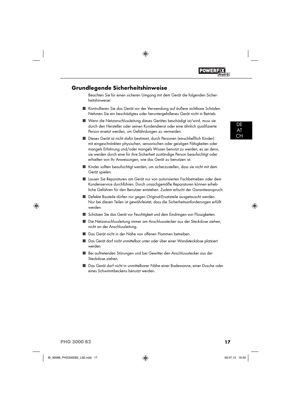 Grundlegende sicherheitshinweise, De at ch | Powerfix PHG 2500 B2 User Manual | Page 20 / 40