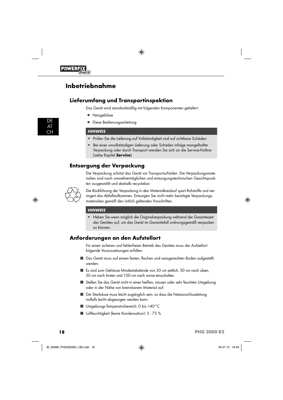 Inbetriebnahme, Lieferumfang und transportinspektion, Entsorgung der verpackung | Anforderungen an den aufstellort, De at ch | Powerfix PHG 2500 B2 User Manual | Page 21 / 40