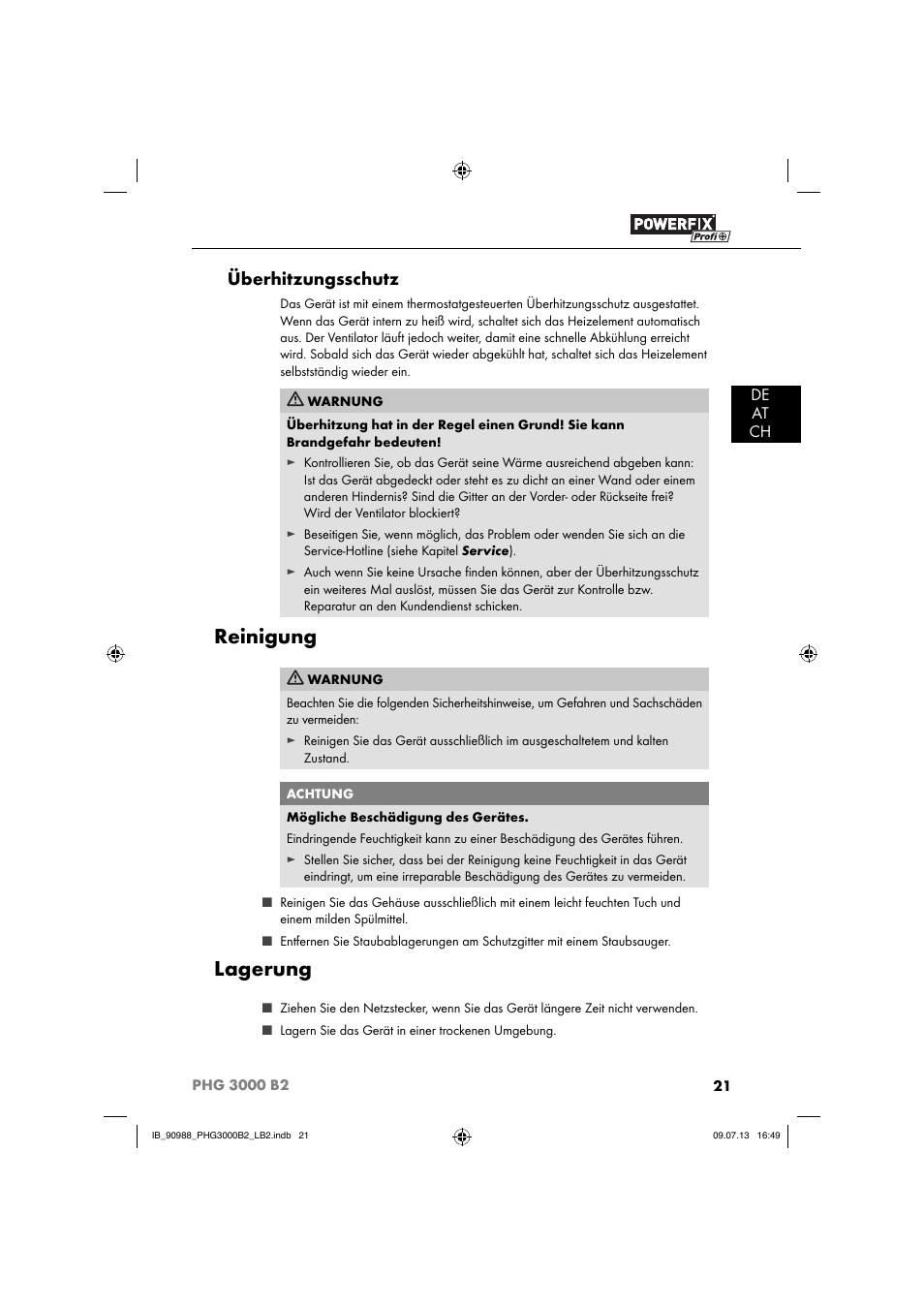 Reinigung, Lagerung, Überhitzungsschutz | De at ch | Powerfix PHG 2500 B2 User Manual | Page 24 / 40