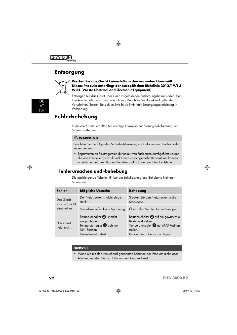 Entsorgung, Fehlerbehebung, Fehlerursachen und -behebung | De at ch | Powerfix PHG 2500 B2 User Manual | Page 25 / 40