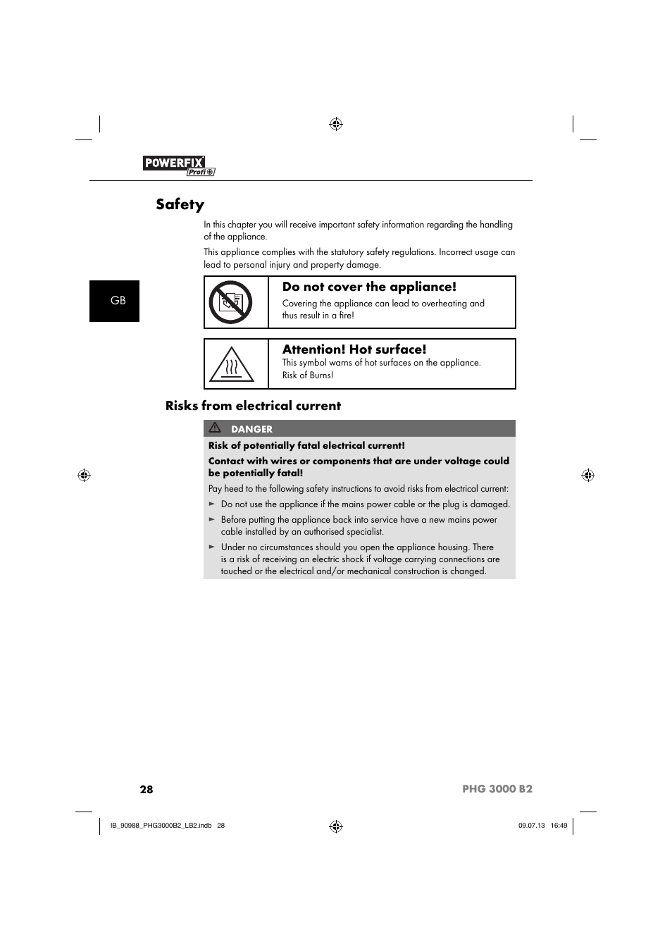 Safety, Do not cover the appliance, Attention! hot surface | Risks from electrical current | Powerfix PHG 2500 B2 User Manual | Page 31 / 40