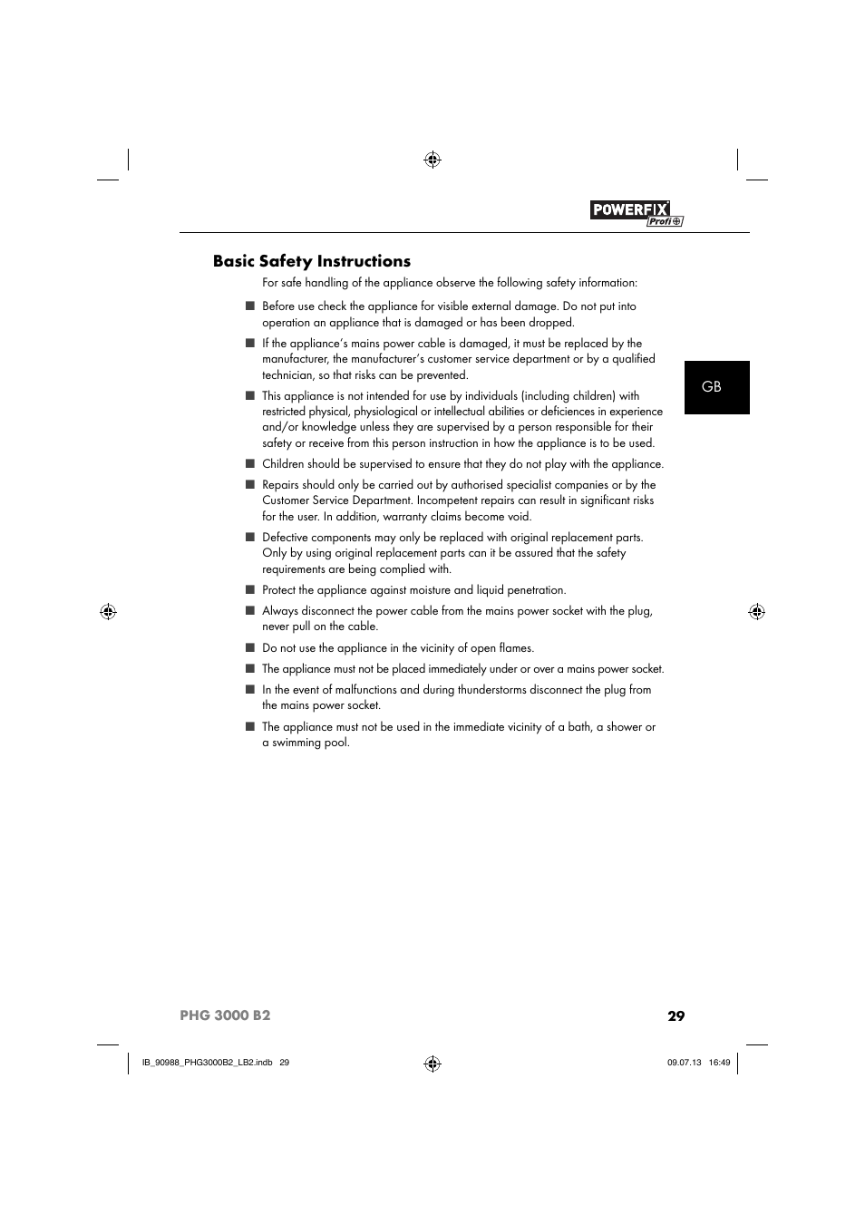 Basic safety instructions | Powerfix PHG 2500 B2 User Manual | Page 32 / 40