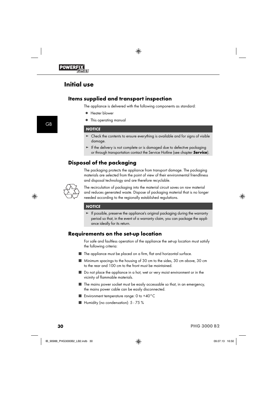 Initial use, Items supplied and transport inspection, Disposal of the packaging | Requirements on the set-up location | Powerfix PHG 2500 B2 User Manual | Page 33 / 40