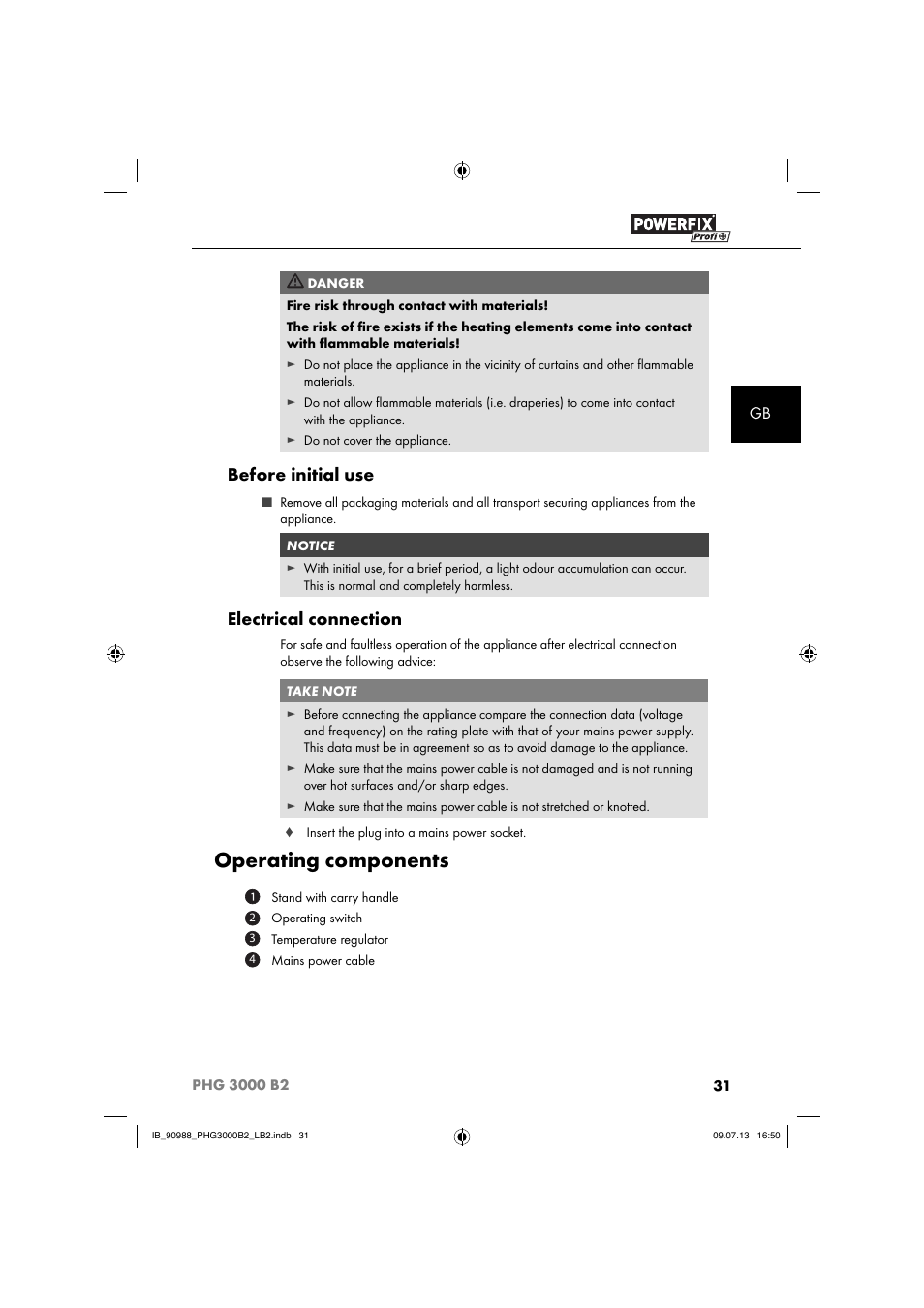 Operating components, Before initial use, Electrical connection | Powerfix PHG 2500 B2 User Manual | Page 34 / 40