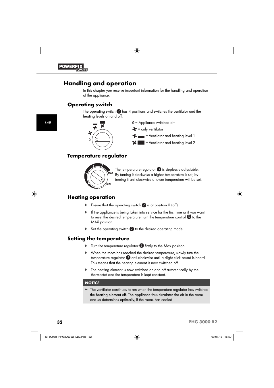 Handling and operation, Operating switch, Temperature regulator | Heating operation, Setting the temperature | Powerfix PHG 2500 B2 User Manual | Page 35 / 40