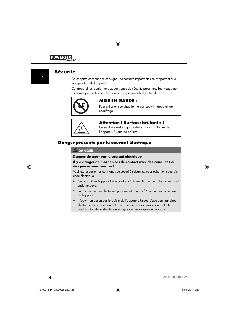 Sécurité, Mise en garde, Attention ! surface brûlante | Danger présenté par le courant électrique | Powerfix PHG 2500 B2 User Manual | Page 7 / 40